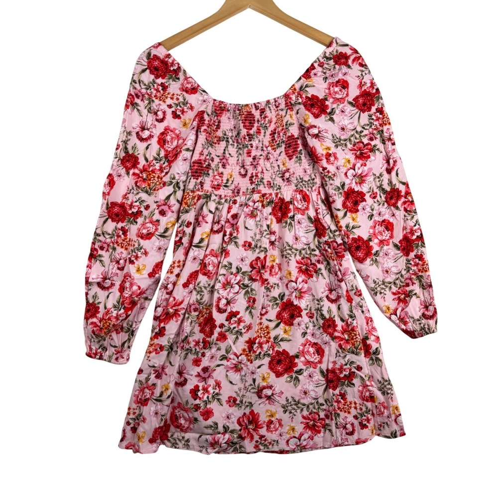 Old Navy Fit & Flare Floral Print Smocked Long Sleeve Mini Dress size XS Red/Pin